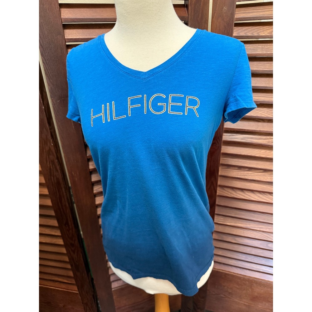 Tommy Hilfiger Womens V-Neck T-Shirt Blue Ombre Gold Logo Tee Size S